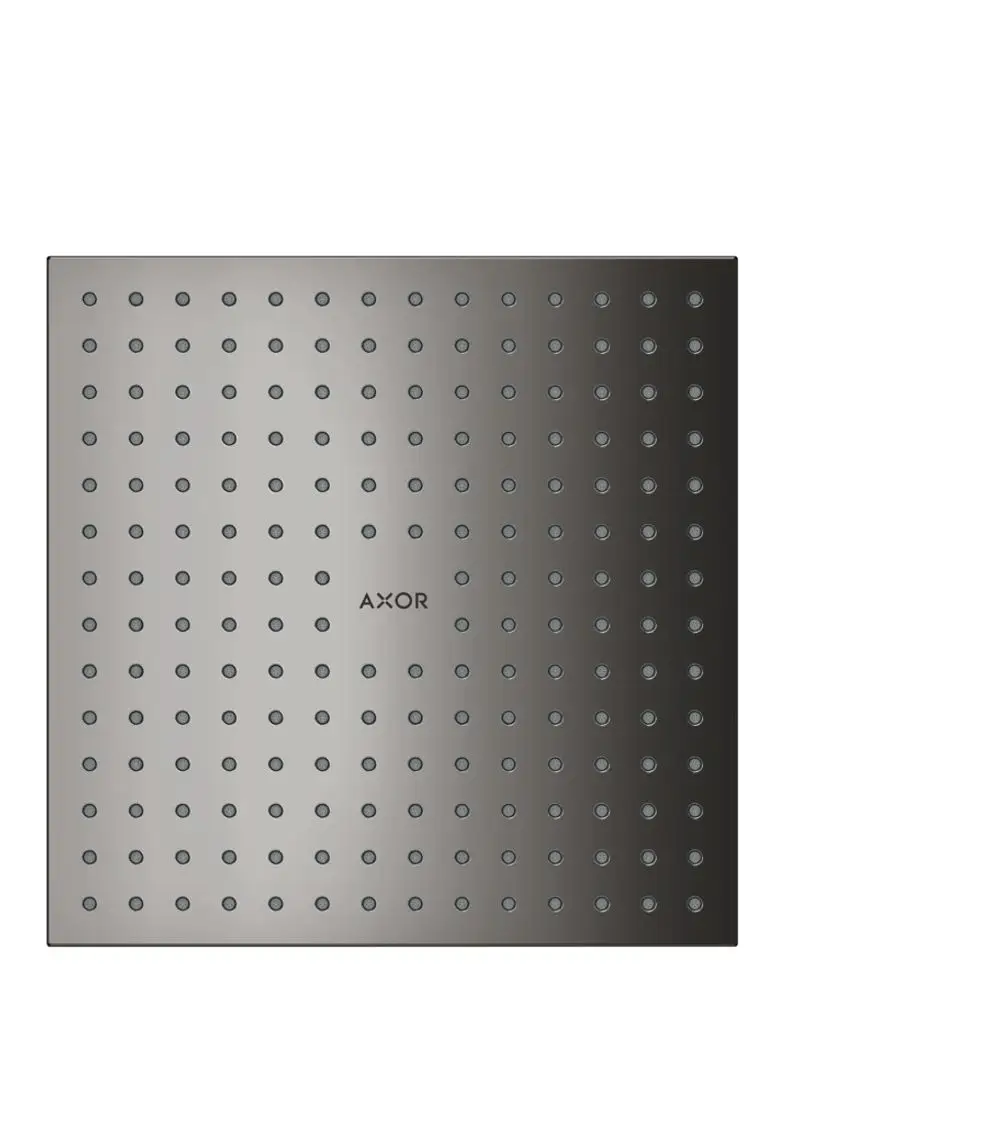 Kopfbrause mit quadratischer Fläche und gleichmäßig verteilten Düsen. Oberfläche in Polished Black Chrome, Markenname AXOR deutlich sichtbar.